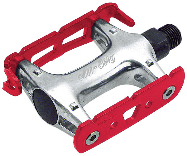 all city red and polished silver standard track pedal against white background, 2 of 4