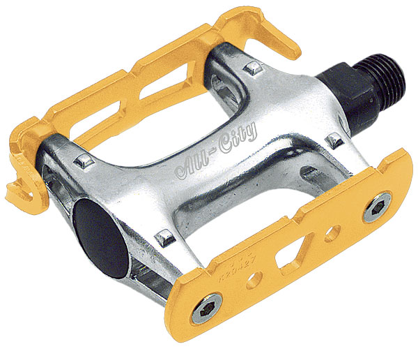 all city yellow and polished silver standard track pedal against white background, 3 of 4