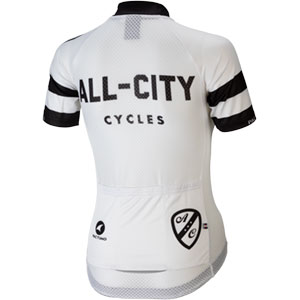 Womens classic white All-City Cycles jersey on a white background back view, 4 of 4