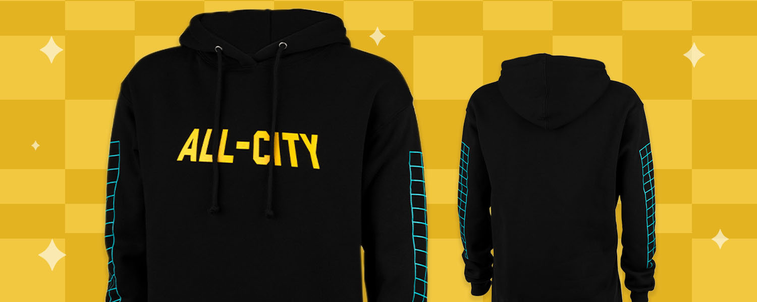 All-City Club Tropic Hoodie showing front and back on illustrated yellow checker background
