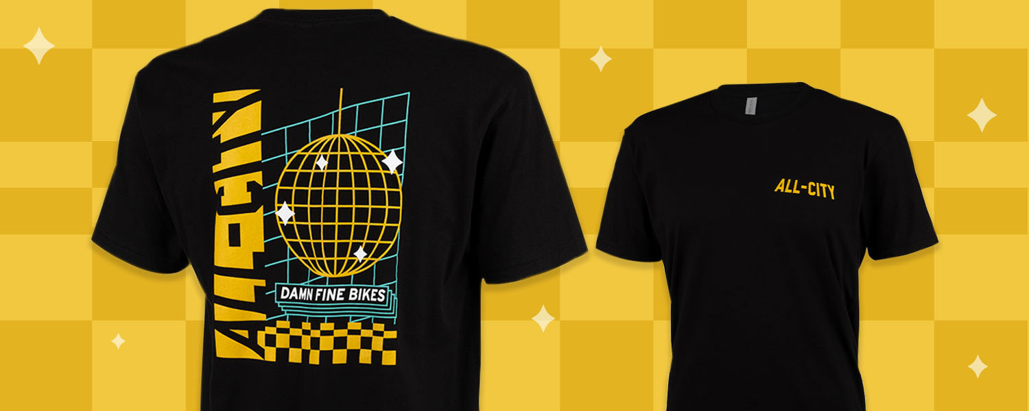 All-City Club Tropic Men's T-shirt showing front and back design on illustrated yellow checker background