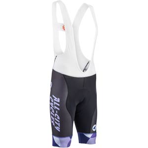 Mens All-City purple, black, and white Dot Game bib short on white background front view