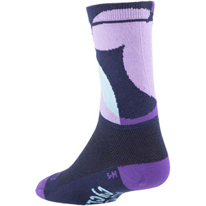 All-City purple, black, and white Dot Game wool socks on white background back view, 2 of 3