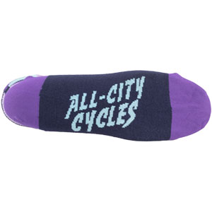 All-City purple, black, and white Dot Game wool socks on white background bottom view, 3 of 3