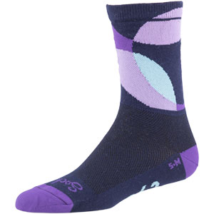 All-City purple, black, and white Dot Game wool socks on white background side view