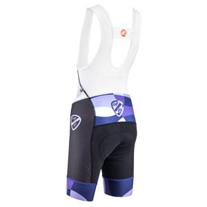 Womens All-City purple, black, and white Dot Game bib short on white background back view, 4 of 4