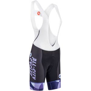 Womens All-City purple, black, and white Dot Game bib short on white background front view, 3 of 4