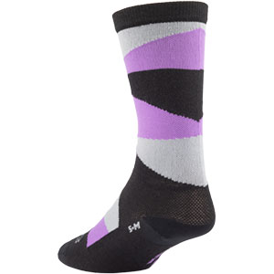 Purple, grey, and black All-city full block abstract pattern socks on a white background back view, 3 of 3