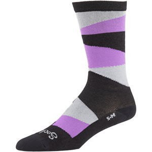 Purple, grey, and black All-city full block abstract pattern socks on a white background side view