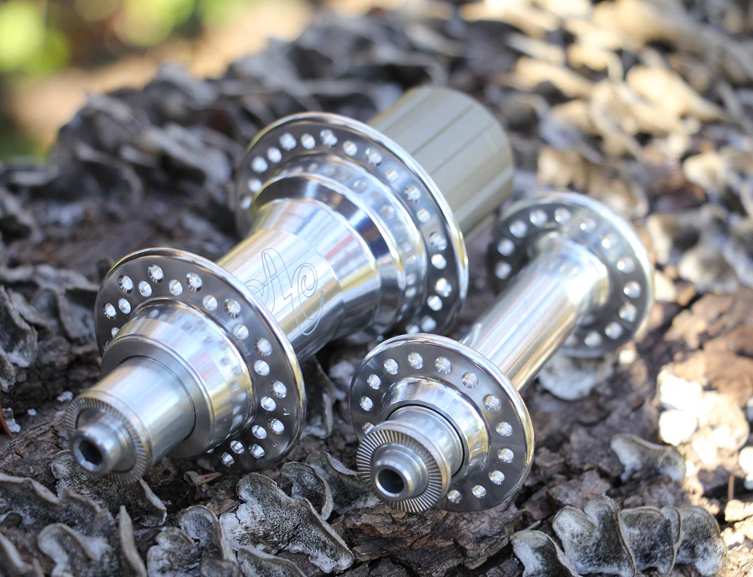 Two polished silver All-City Go-Devil Rear Rim Brake Hubs on outdoor rock 