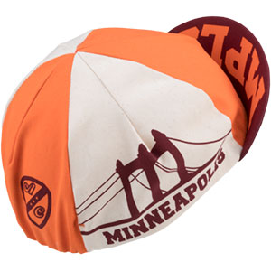 Orange, white, maroon All-City Hennepin Bridge cycling cap on white background side view, 7 of 8