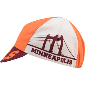 Orange, white, maroon All-City Hennepin Bridge cycling cap on white background side view, 8 of 8