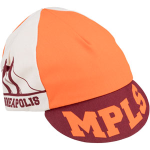Orange, white, maroon All-City Hennepin Bridge cycling cap on white background front view, 6 of 8