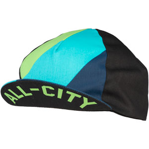 Black, blue, and green All-City Cycles Interstellar Cycling Cap on white background front view with bill up, 3 of 4