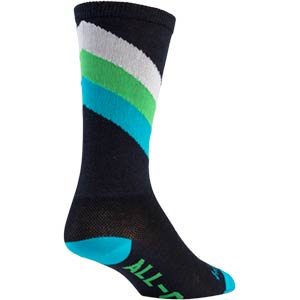 Blue, green, white and black interstellar wool cycling sock on white background back view, 2 of 2