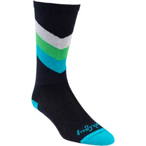 Blue, green, white and black interstellar wool cycling sock on white background front view, 1 of 2