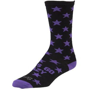 Black and Purple All-City Let's Go crazy wool socks on white background side view, 2 of 3