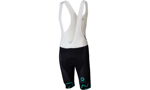 All-City Cycles teal, white, and black Max Cycling bibs on a white background