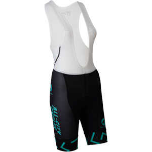 Womens All-City Cycles teal, white, and black Max Cycling bibs on a white background front view, 3 of 4