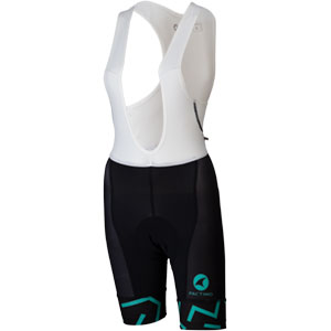 Womens All-City Cycles teal, white, and black Max Cycling bibs on a white background back view, 1 of 4