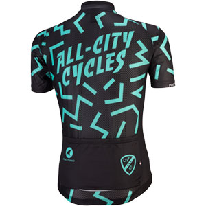 Mens black and teal The Max Kit jersey in front of white background back view, 2 of 4