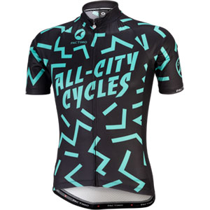 Mens black and teal The Max Kit jersey in front of white background front view
