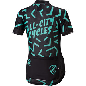 Womens black and teal The Max Kit jersey in front of white background back view, 4 of 4