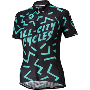 Womens black and teal The Max Kit jersey in front of white background front view, 3 of 4