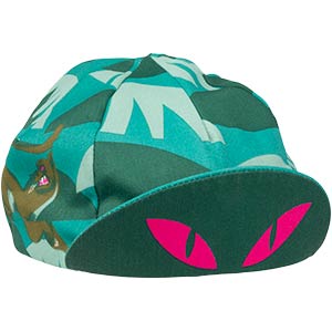 All-City Night Claw Cycling Cap, front view with bill flipped up showing magenta animal eyes, on white background, 2 of 4