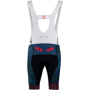 Men's All-City black, teal and purple Night Claw bib short rear view on white background, 2 of 3