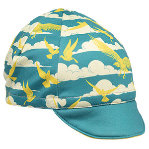 Blue and gold fly high cycling cap front view on white background 
