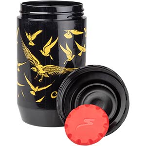 KEG container, bottle with gold bird pattern over black background cap off, 2 of 2
