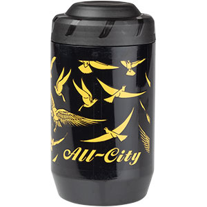 KEG container, bottle with gold bird pattern over black background cap on, 1 of 2