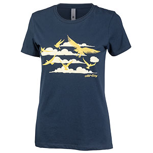 Womens navy fly high t-shirt with gold cloud and bird pattern on white background front view, 3 of 4