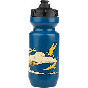 Blue background with white clouds and gold bird pattern water bottle cap on