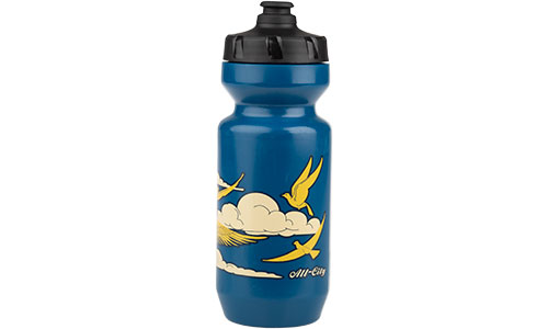 Blue background with white clouds and gold bird pattern water bottle