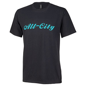 Mens teal All-City logo on black t-shirt on white background front view