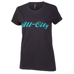 Womens teal All-City logo on black t-shirt on white background front view