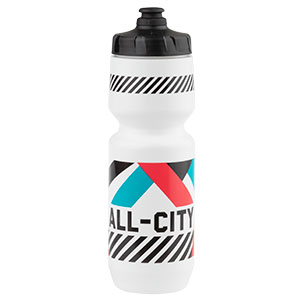Black, white, blue and pink All-City pattern on white water bottle