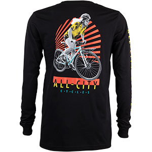 Black, red, and yellow All-City cycles super pro long sleeve shirt on a white background back skull design view, 2 of 2