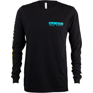 Black and blue All-City cycles super pro long sleeve shirt on a white background front view