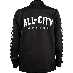 Black and white All-City Cycles Tu Tone long sleeve jacket on white background back view, 2 of 2