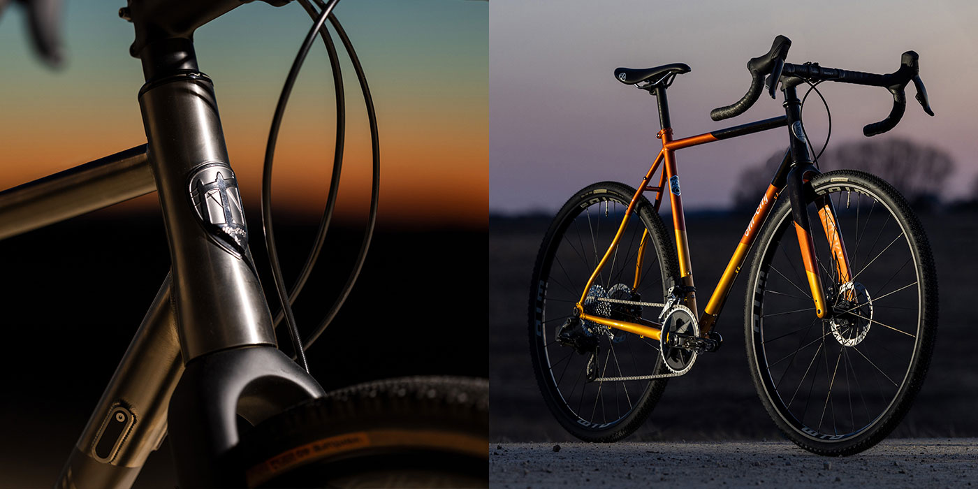 Collage; Cosmic Stallion Ti headtube detail and Cosmic Stallion steel bike on gravel road