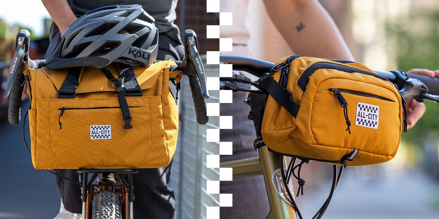 Collage; Side by side images of Beatbox Front Rack Bag and Turntable Sling Bag mounted on bikes