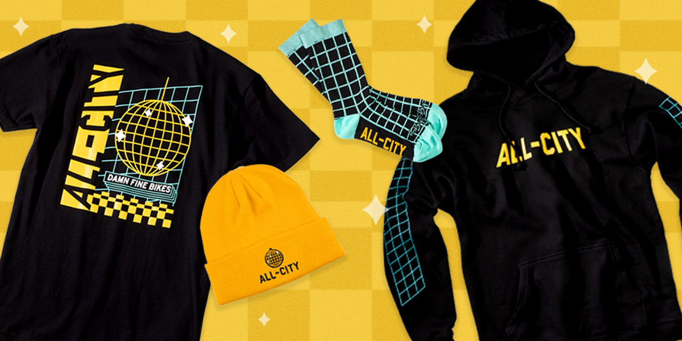 All-City Club Tropic T-Shirt, Hoodie, Beanie Hat, and Socks on yellow background