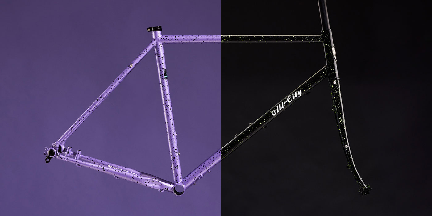 All-City Gorilla Monsoon Framesets in Lavender Haze and Slimer Lime colors split image down the middle